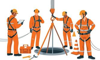 Construction workers in safety gear preparing to enter manhole with tripod vector