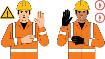 Construction workers signalling stop danger symbol safety first hazard attention caution vector