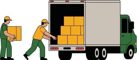 Two delivery men unloading and carrying cardboard boxes from a delivery truck vector