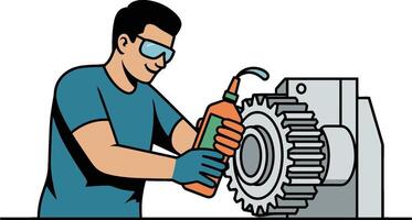 Cartoon mechanic lubricating industrial machine gears with oil for smooth operation vector