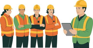 Construction workers team meeting supervisor with tablet inspecting laborers wearing hard hats vector
