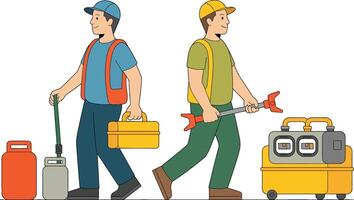 Cartoon workers plumbers with tools and equipment flat illustration design vector