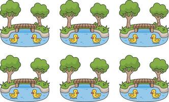 Cartoon pond background with yellow ducks trees and a wooden bridge vector