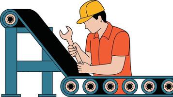 Factory worker repairing conveyor belt with wrench safety helmet production line maintenance vector