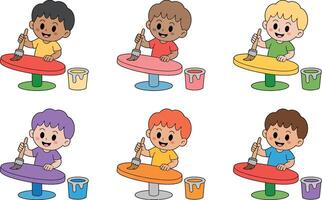 Diverse cartoon boys painting tables with paintbrushes and colorful paint buckets vector