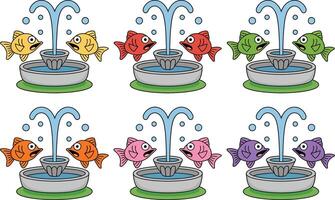 Cartoon fountain with surprised fish in multiple colors seamless repeating pattern vector