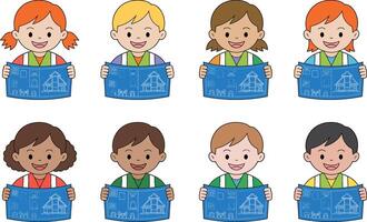 Cartoon children architects holding blueprints diverse group of future builders architecture plans vector