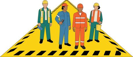 Team of construction workers standing on a hazard triangle in safety attire vector