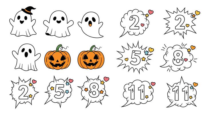 Halloween Spooky Season A Collection of Ghosts Pumpkins and Numbers in Cartoon Style