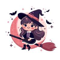 cute little witch flying on the broom against the background on the moon. digital illustration vector