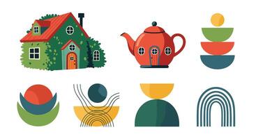 Artistic Illustrations of Houses Teapots and Abstract Shapes Modern Flat Style Design vector