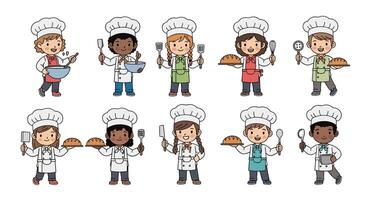 Collection of Diverse Children Dressed in Chef Uniforms Cooking and Baking with Utensils vector