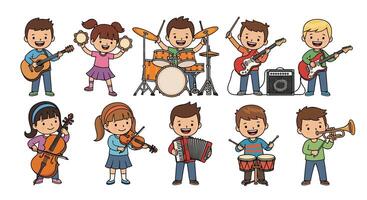 Joyful Young Musicians Playing Musical Instruments in a Colorful and Vibrant Ensemble vector