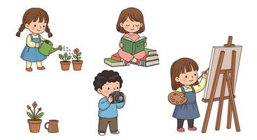 Different kids doing different things as hobbies and having fun learning art vector