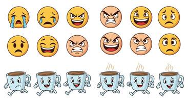 Different Emotions Expressed By Emoticons and Coffee Mugs on a White Background vector