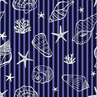 Different linear mollusk, shell, seashell illustrations. Seamless seashell pattern on stripped vector
