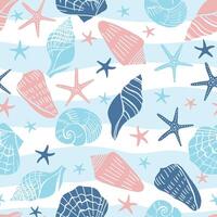 Seashells and starfish seamless pattern. vector
