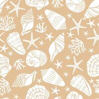 Seashells and starfish seamless pattern. Marine life creatures colorful drawings. vector