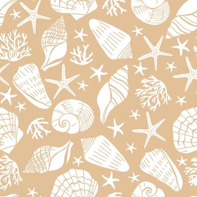 Seashells and starfish seamless pattern. Marine life creatures colorful drawings.