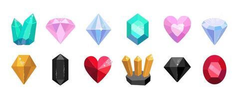 Gemstones and crystals set in various colors and shapes. Collection of gem icons. Colorful diamonds and faceted stones vector