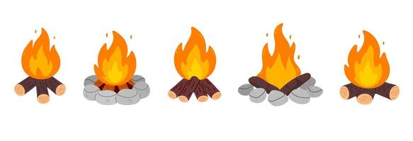Collection of five different campfire icons in horizontal layout. Ideal for outdoor designs, campsite illustrations, survival visuals and hiking graphics vector