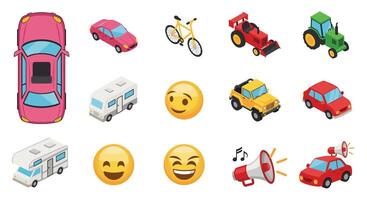 Various Modes of Transportation Icons with Smiling Emoji and Bullhorn No Brand vector
