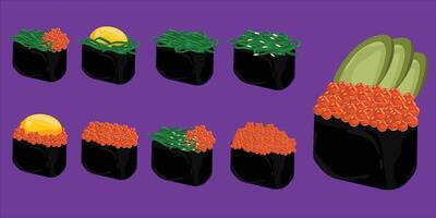 Assorted Gunkan Sushi Set with Tobiko Ikura Egg and Wakame Toppings vector