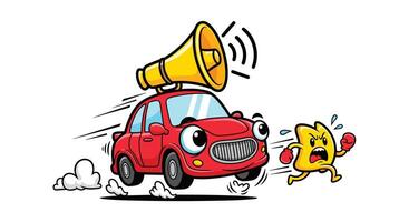 Annoying Noisy Red Car Chasing Frightened Yellow Character with a Megaphone on Top vector