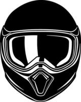 Black and white icon of a motorcycle helmet or protective helmet with glasses, simple design, without background vector