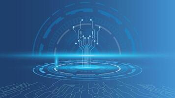 Futuristic tech background featuring glowing circuit lines, circular digital interface, and blue gradient, ideal for innovation, computing, and AI-related digital projects vector