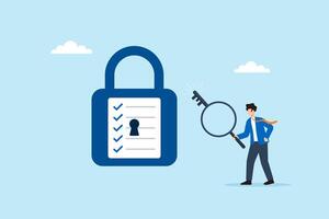 Flat illustration of businessman unlocking giant padlock made of checklist with magnifying glass key for quality control and approval verification vector