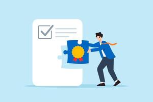 Flat illustration of businessman fitting quality control badge puzzle piece into certification document for approval vector