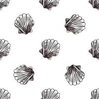 Hand drawn vintage seamless pattern of small scallop seashell in brown ink engraving style, marine sketch illustration vector