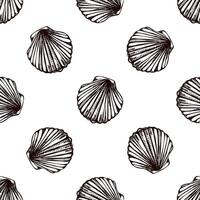 Hand drawn vintage seamless pattern of fan shaped scallop seashell in brown ink engraving style illustration vector
