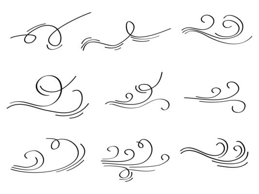 Doodle wind blow, gust, air blow, swirl design elements.