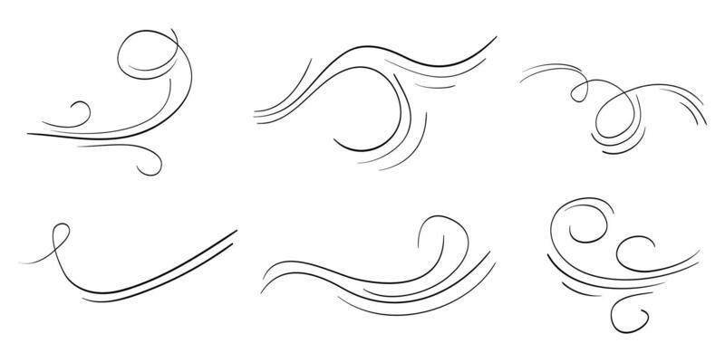 Doodle wind blow, gust, air blow, swirl design elements isolated on white background