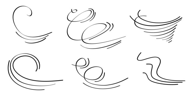 Doodle wind blow, gust, air blow, swirl design elements, isolated on white background