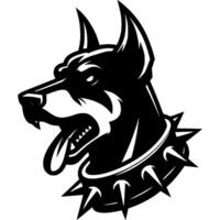Tattoo of angry roaring Doberman dog head in monochrome. Doberman dog in spiked collar. Engraving minimalistic image in black ink drawing on white background vector