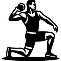 Sport emblem of track and field athlete prepares for shot put in monochrome. Engraving minimalistic image in black ink drawing on white background vector
