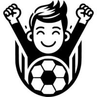 Sport emblem of football fan joyfully raised his hands after triumphant victory of his favorite team in monochrome. Engraving minimalistic image in black ink drawing on white background vector