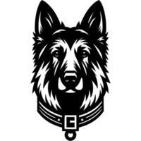 Tattoo of serious German shepherd dog head in monochrome. German shepherd dog portrait in collar. Engraving minimalistic image in black ink drawing on white background vector