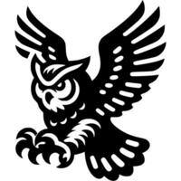 Tattoo of owl dives down on its prey with wings spread and clawed feet extended forward, ready to attack in monochrome. Engraving minimalistic image in black ink drawing on white background vector