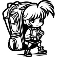 Sketchy sport emblem of young traveler with a huge backpack on his back ready for a hike in monochrome. Engraving minimalistic image in black ink drawing on white background vector
