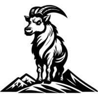 Sketchy emblem of stubborn ram on top of the mountain in monochrome. Engraving minimalistic image in black ink drawing on white background vector