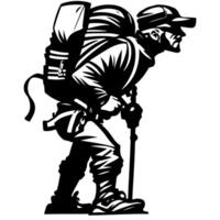 Sketchy sport emblem of traveler with a backpack on his back in monochrome. Engraving minimalistic image in black ink drawing on white background vector