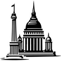 Sketchy emblem of museum and parliament building with an obelisk on city central square in monochrome. Engraving minimalistic image in black ink drawing on white background vector