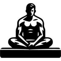 Sport emblem of gymnast man sits in lotus position doing stretching and breathing exercises in monochrome. Engraving minimalistic image in black ink drawing on white background vector