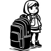 Sketchy sport emblem of girl standing next to luggage suitcase waiting for flight in monochrome. Engraving minimalistic image in black ink drawing on white background vector