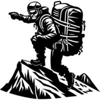 Sketchy sport emblem of experienced mountain guide shows the direction of movement along the route in monochrome. Engraving minimalistic image in black ink drawing on white background vector