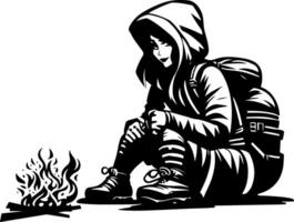 Sketchy sport emblem of girl tourist dressed in warm clothes resting sitting by the fire in monochrome. Engraving minimalistic image in black ink drawing on white background vector